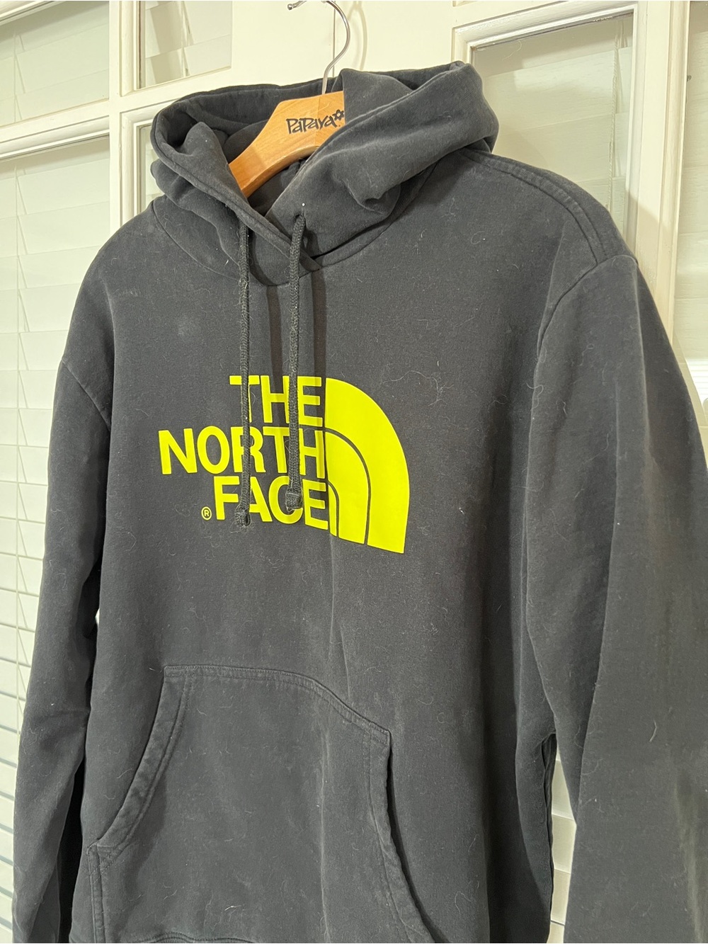 The North Face Men's Black Hoodie with Yellow Logo-Size L